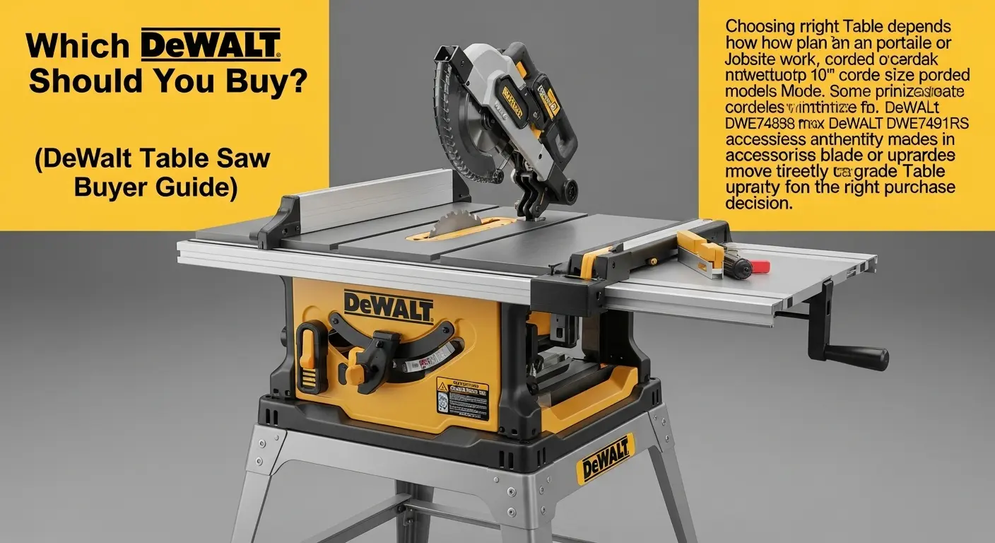 Which DeWalt Table Saw Should You Buy – Jobsite and Portable Models DeWalt jobsite table saw with rolling stand shown in buyer guide