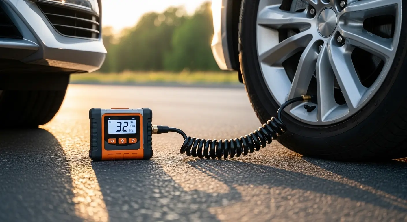 Portable tire inflator being used to inflate a car tire