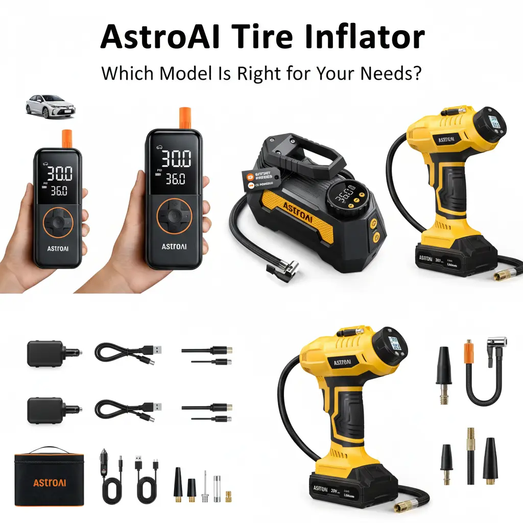 A comparison of four different AstroAI tire inflator models, including handheld cordless, portable 12V, and heavy-duty air compressors, with accessories on a white background.