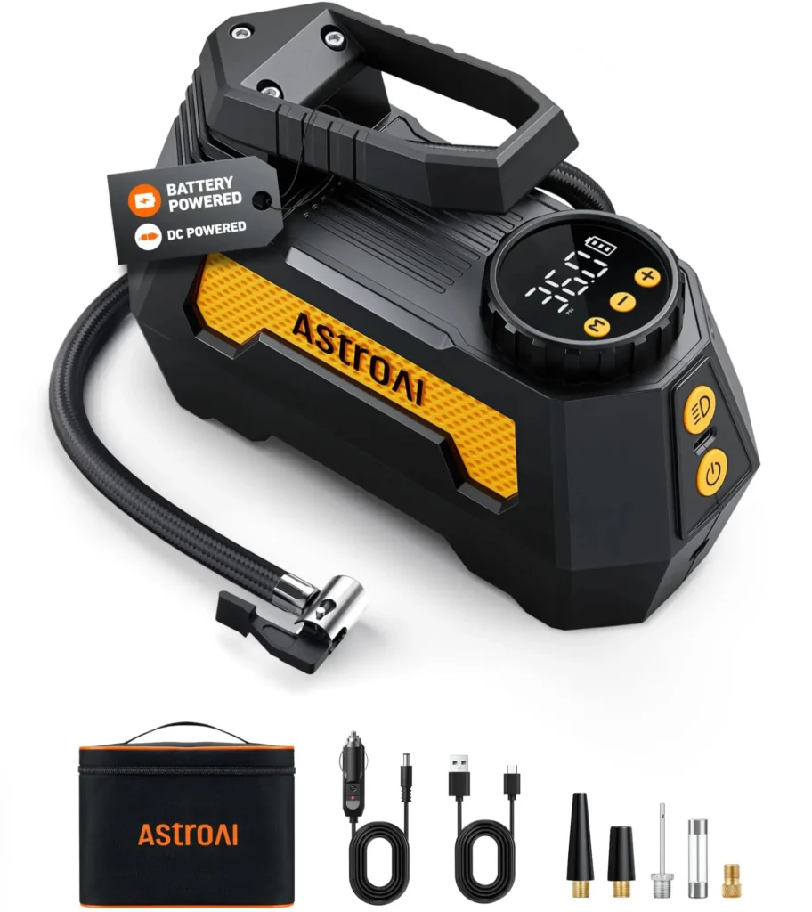 AstroAI H2 Pro portable tire inflator with digital pressure gauge and dual power battery and 12V DC