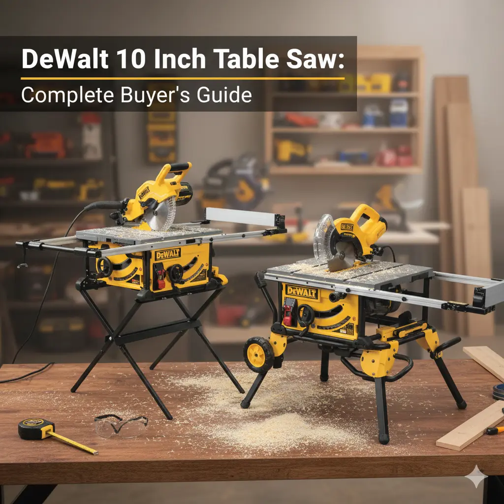 DeWalt 10 inch table saw with rack-and-pinion fence system being used to rip a piece of hardwood in a workshop.