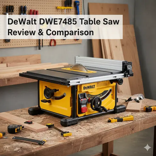 DeWalt DWE7485 compact jobsite table saw on a wooden workbench in a workshop setting with review title overlay.