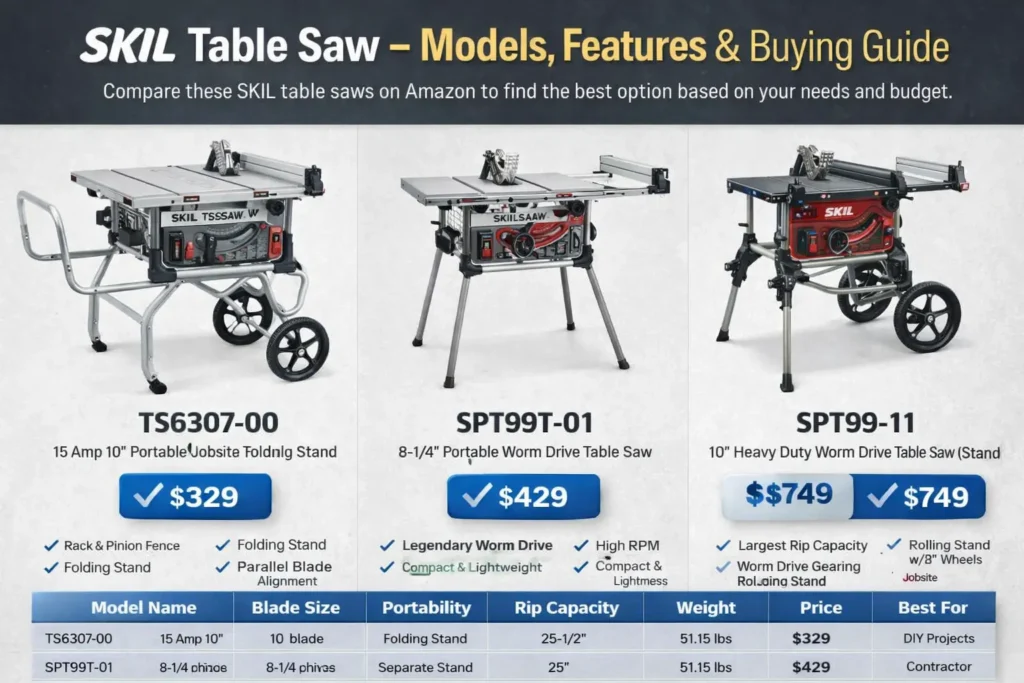 SKIL table saw models comparison including TS6307-00, SPT99T-01, and SPT99-11 worm drive table saws,