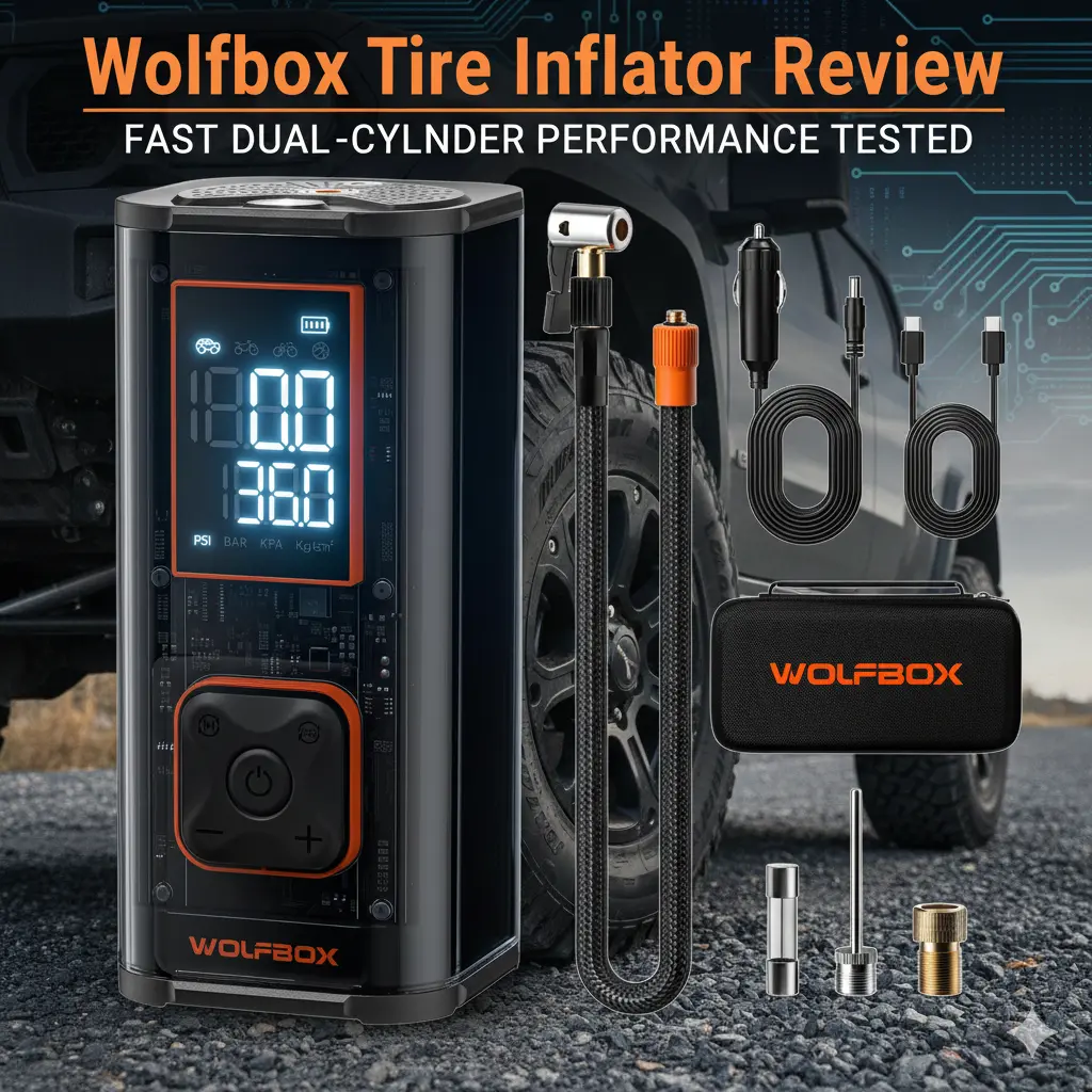 Wolfbox Tire Inflator review MegaFlow 24 Pro dual-cylinder portable tire inflator with digital PSI display, 58 LPM airflow, 12,000mAh battery, hose, 12V car adapter, and EVA carrying case.